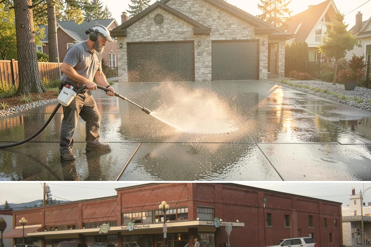Concrete Restoration Cleaning in Sedro-Woolley, Skagit County, WA - A dry summer window gives the multiple treatment and rinse stages time to work without rain interrupting the process.
