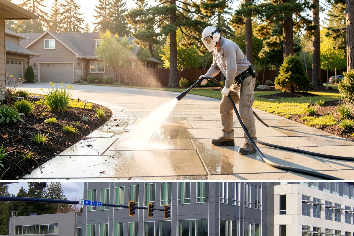 Concrete Restoration Cleaning in Shoreline, King County, WA - A dry summer window gives the multiple treatment and rinse stages time to work without rain interrupting the process.