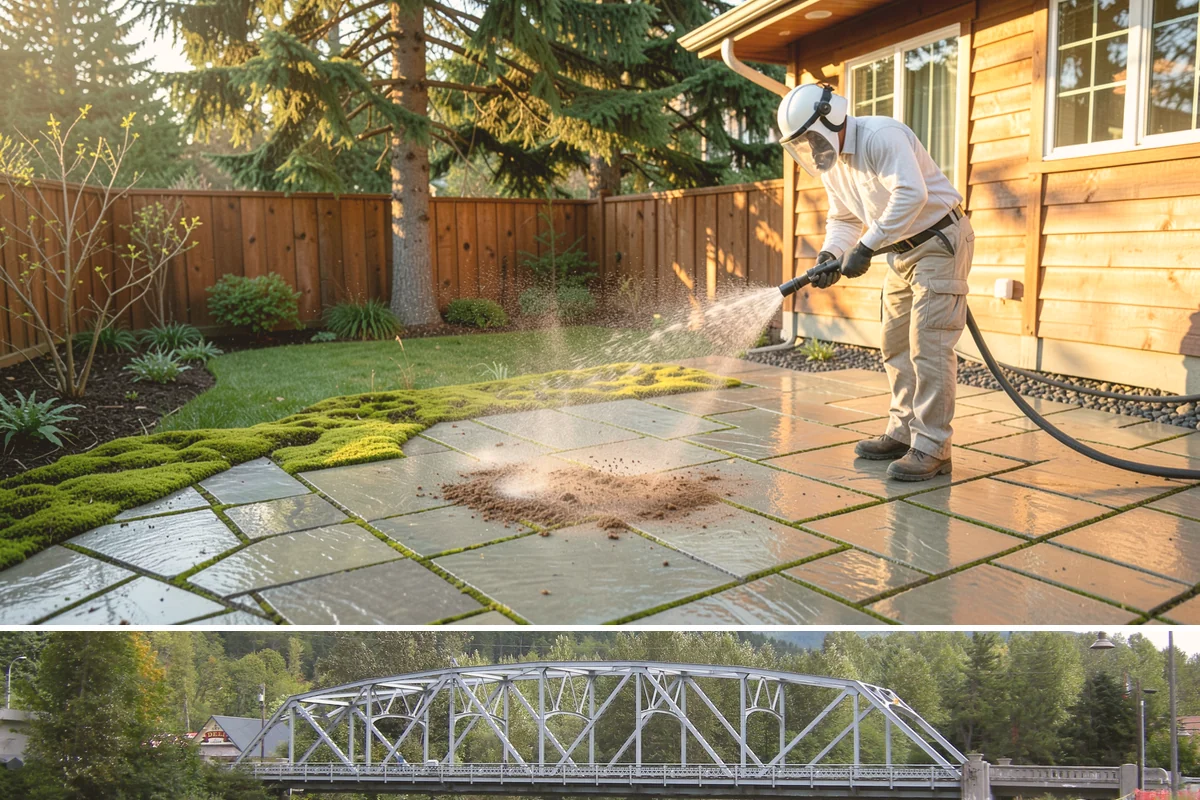 Concrete Restoration Cleaning in Skykomish, King County, WA - A dry summer window gives the multiple treatment and rinse stages time to work without rain interrupting the process.