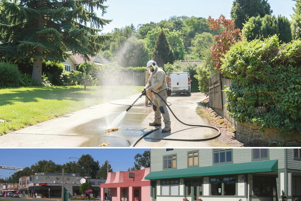 Concrete Restoration Cleaning in Snoqualmie, King County, WA - A dry summer window gives the multiple treatment and rinse stages time to work without rain interrupting the process.
