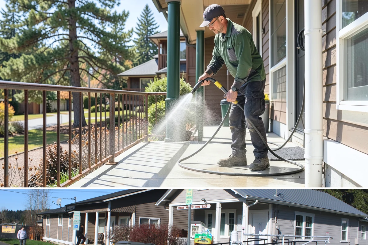 Concrete Restoration Cleaning in South Prairie, Pierce County, WA - A dry summer window gives the multiple treatment and rinse stages time to work without rain interrupting the process.