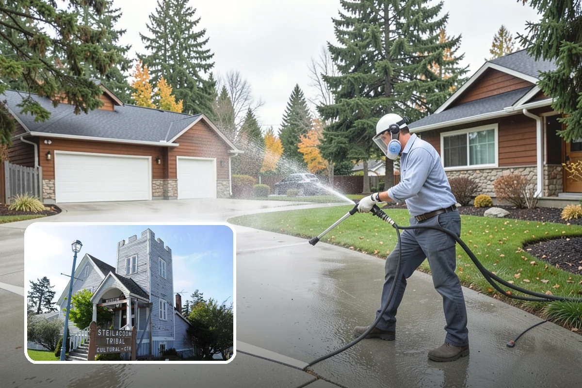 Concrete Restoration Cleaning in Steilacoom, Pierce County, WA - Reverses years of thick moss and black streak buildup