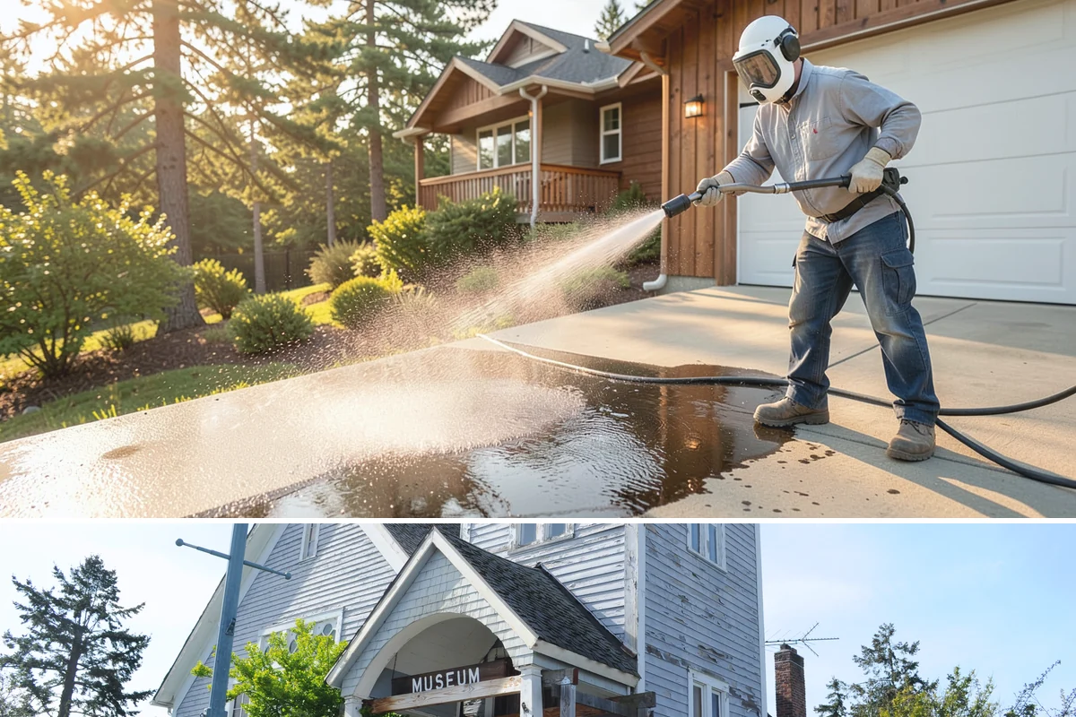 Concrete Restoration Cleaning in Steilacoom, Pierce County, WA - A dry summer window gives the multiple treatment and rinse stages time to work without rain interrupting the process.