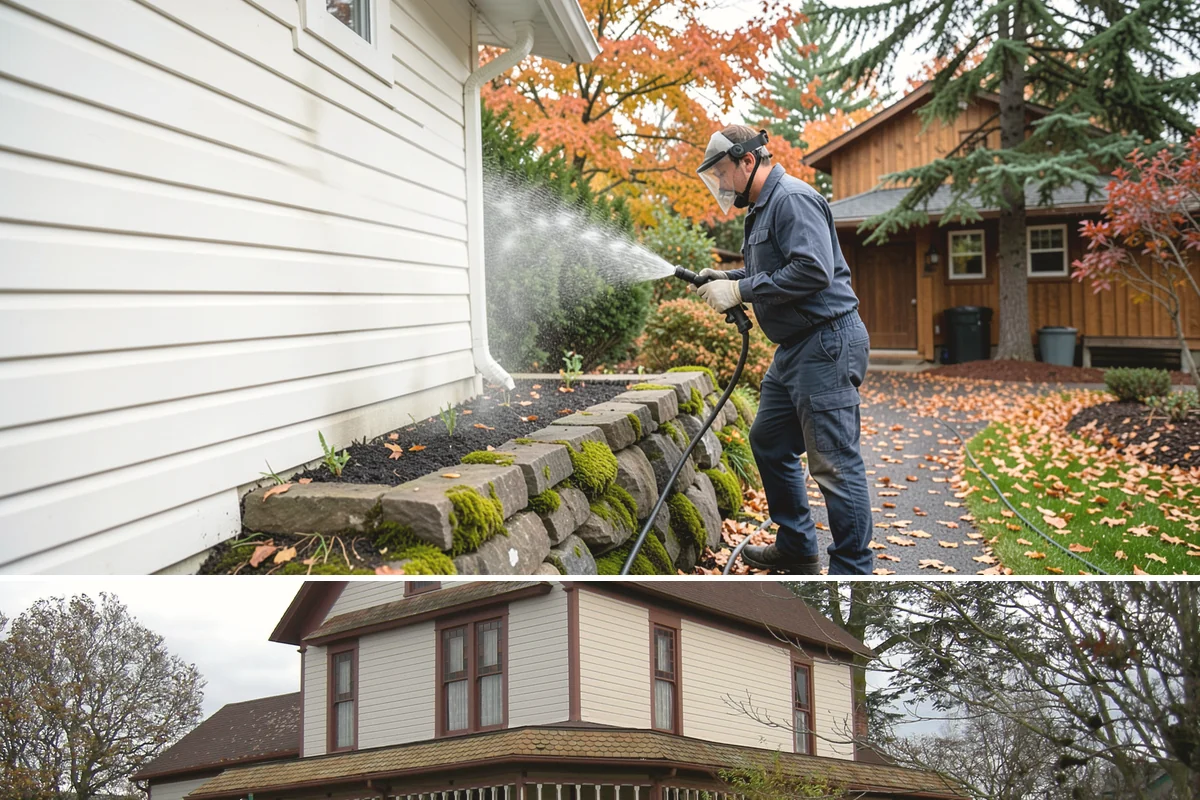 Concrete Restoration Cleaning in Sumner, Pierce County, WA - A dry summer window gives the multiple treatment and rinse stages time to work without rain interrupting the process.