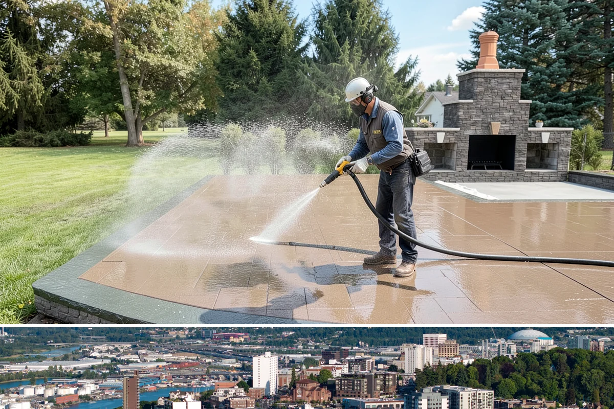 Concrete Restoration Cleaning in Tacoma, Pierce County, WA - A dry summer window gives the multiple treatment and rinse stages time to work without rain interrupting the process.