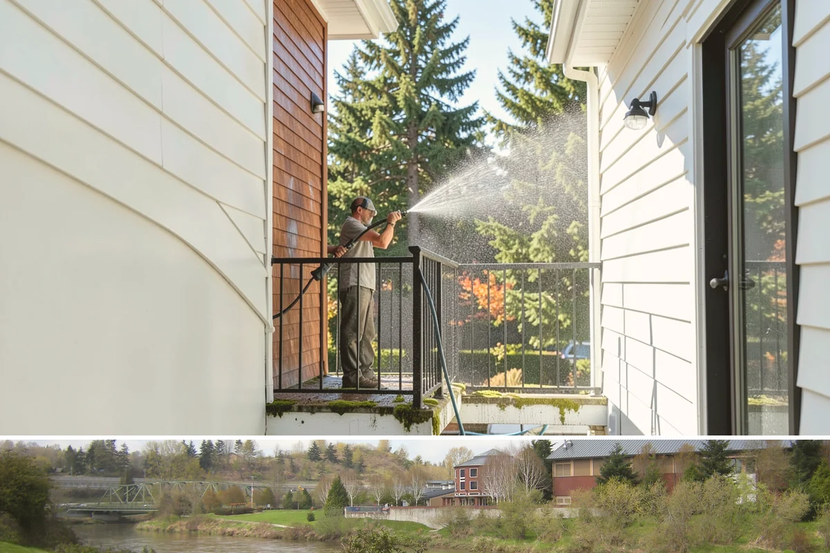 Concrete Restoration Cleaning in Tukwila, King County, WA - A dry summer window gives the multiple treatment and rinse stages time to work without rain interrupting the process.
