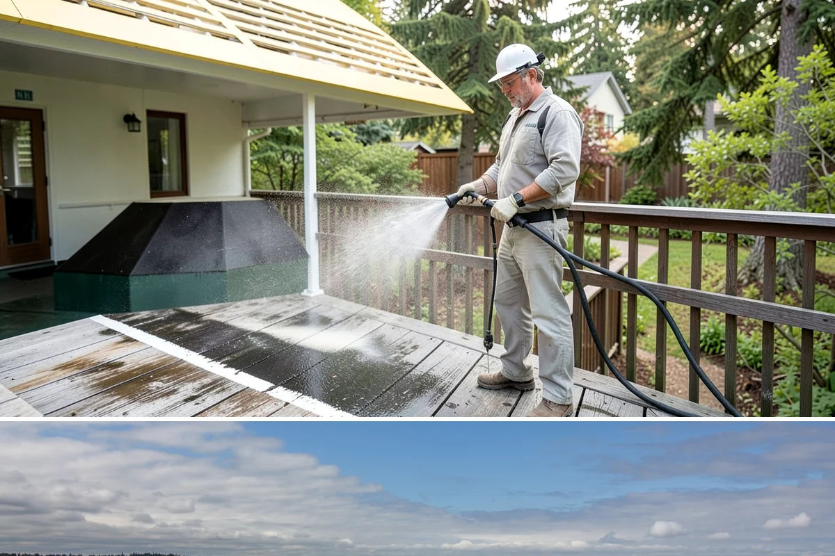 Concrete Restoration Cleaning in University Place, Pierce County, WA - A dry summer window gives the multiple treatment and rinse stages time to work without rain interrupting the process.