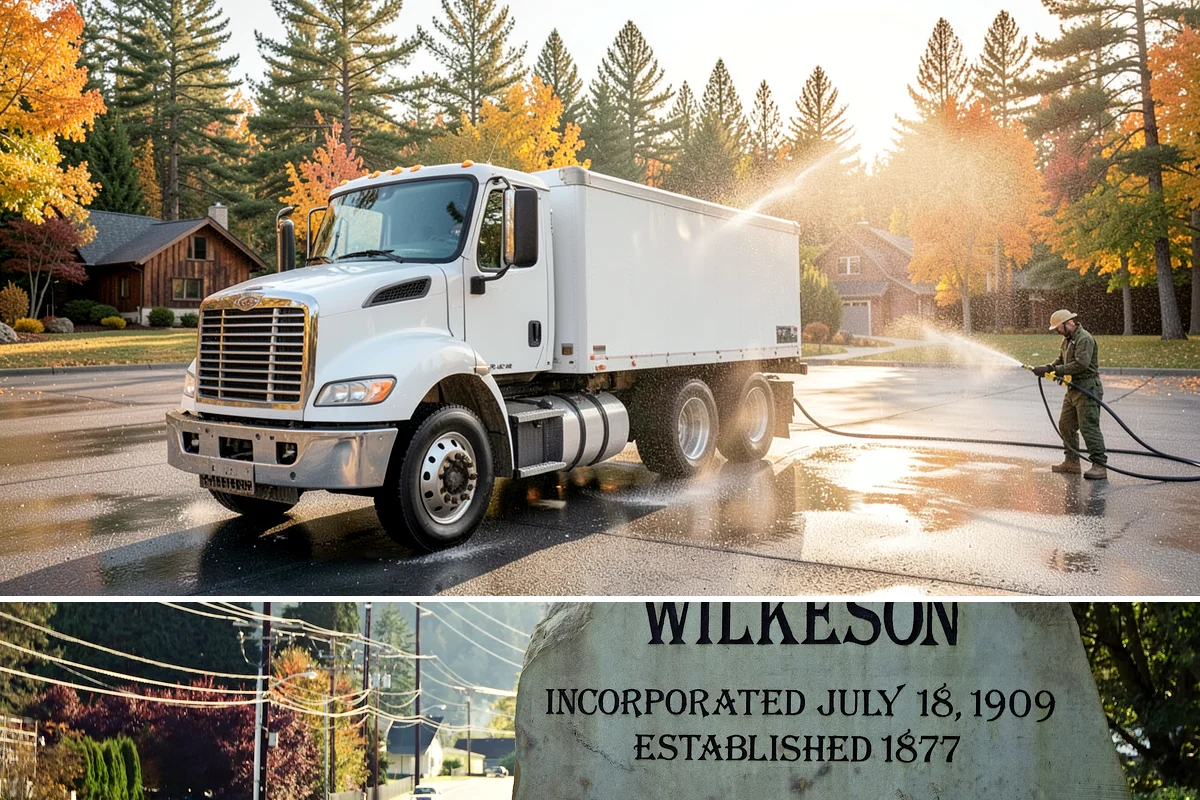 Concrete Restoration Cleaning in Wilkeson, Pierce County, WA - A dry summer window gives the multiple treatment and rinse stages time to work without rain interrupting the process.
