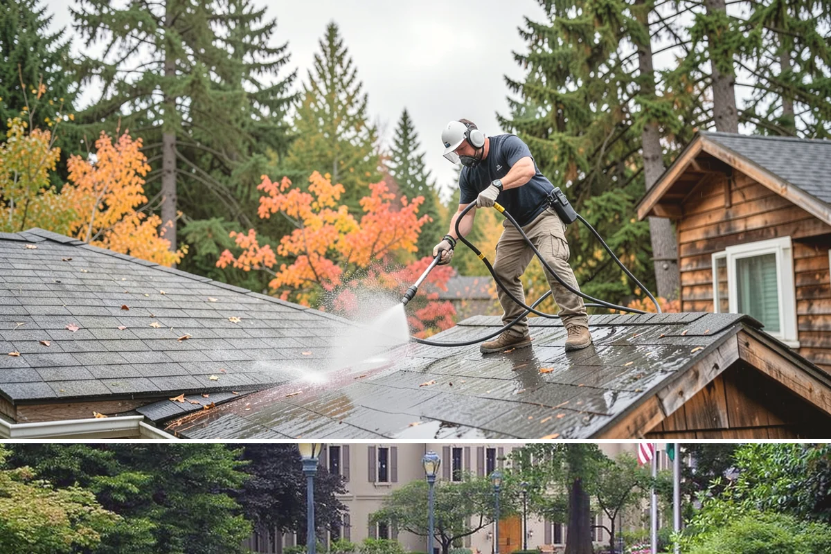Concrete Restoration Cleaning in Woodinville, King County, WA - A dry summer window gives the multiple treatment and rinse stages time to work without rain interrupting the process.