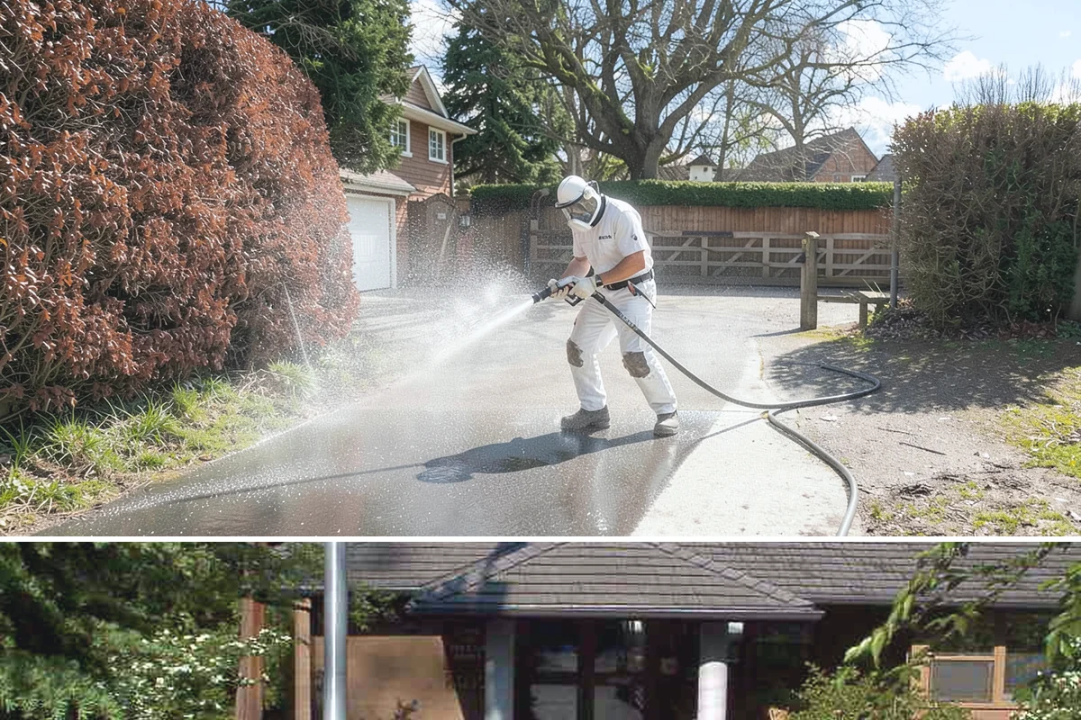 Concrete Restoration Cleaning in Yarrow Point, King County, WA - A dry summer window gives the multiple treatment and rinse stages time to work without rain interrupting the process.