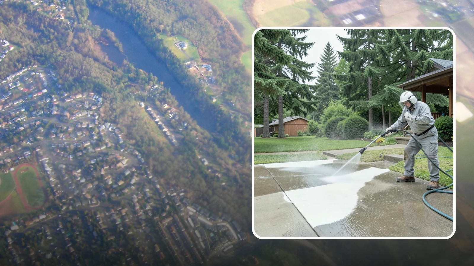 Concrete Surface Cleaning in Algona, King County, WA - General concrete surface cleaning that clears dirt, moss film, and organic staining from flatwork and walls.