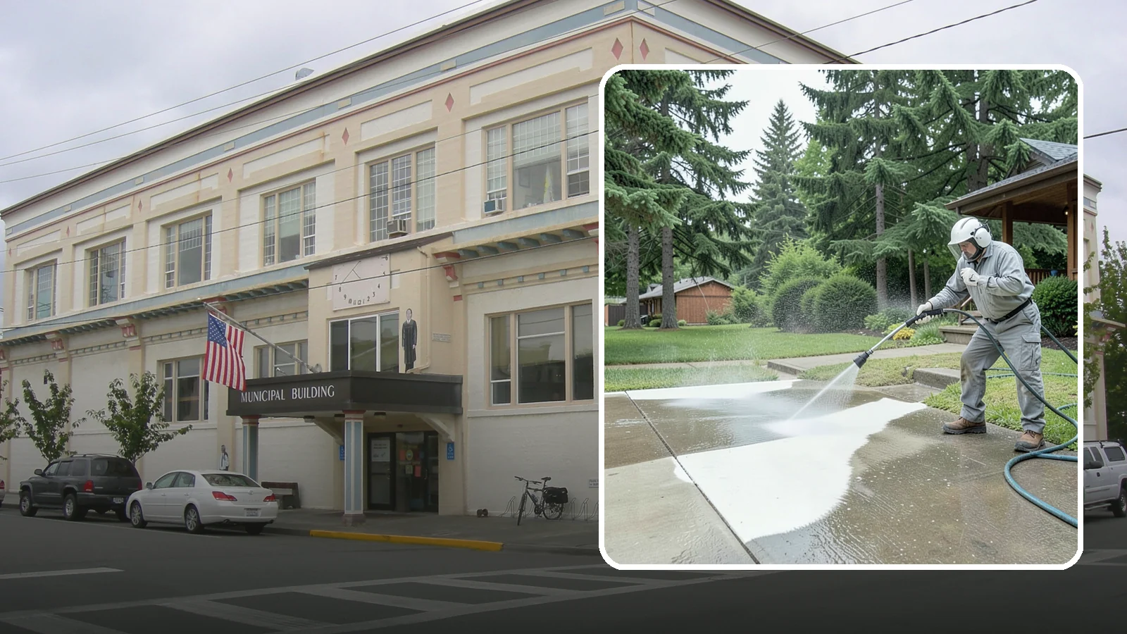 Concrete Surface Cleaning in Anacortes, Skagit County, WA - General concrete surface cleaning that clears dirt, moss film, and organic staining from flatwork and walls.