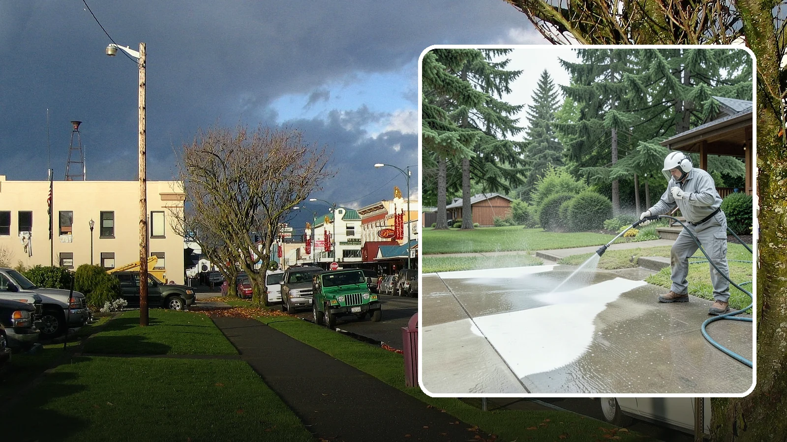 Concrete Surface Cleaning in Arlington, Snohomish County, WA - General concrete surface cleaning that clears dirt, moss film, and organic staining from flatwork and walls.
