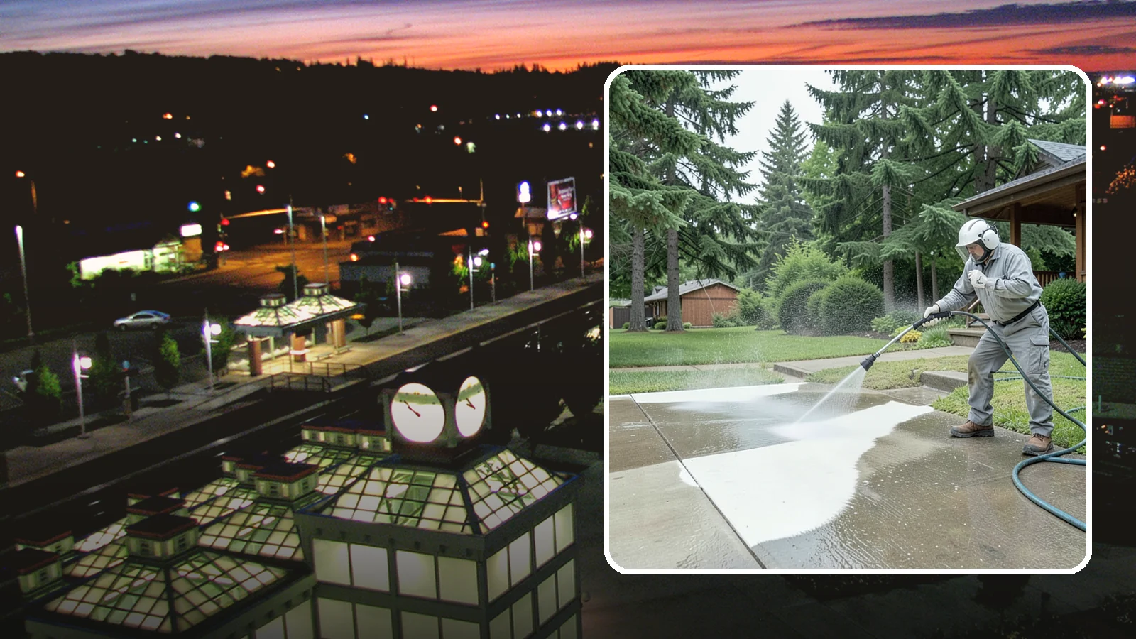 Concrete Surface Cleaning in Auburn, King County, WA - General concrete surface cleaning that clears dirt, moss film, and organic staining from flatwork and walls.