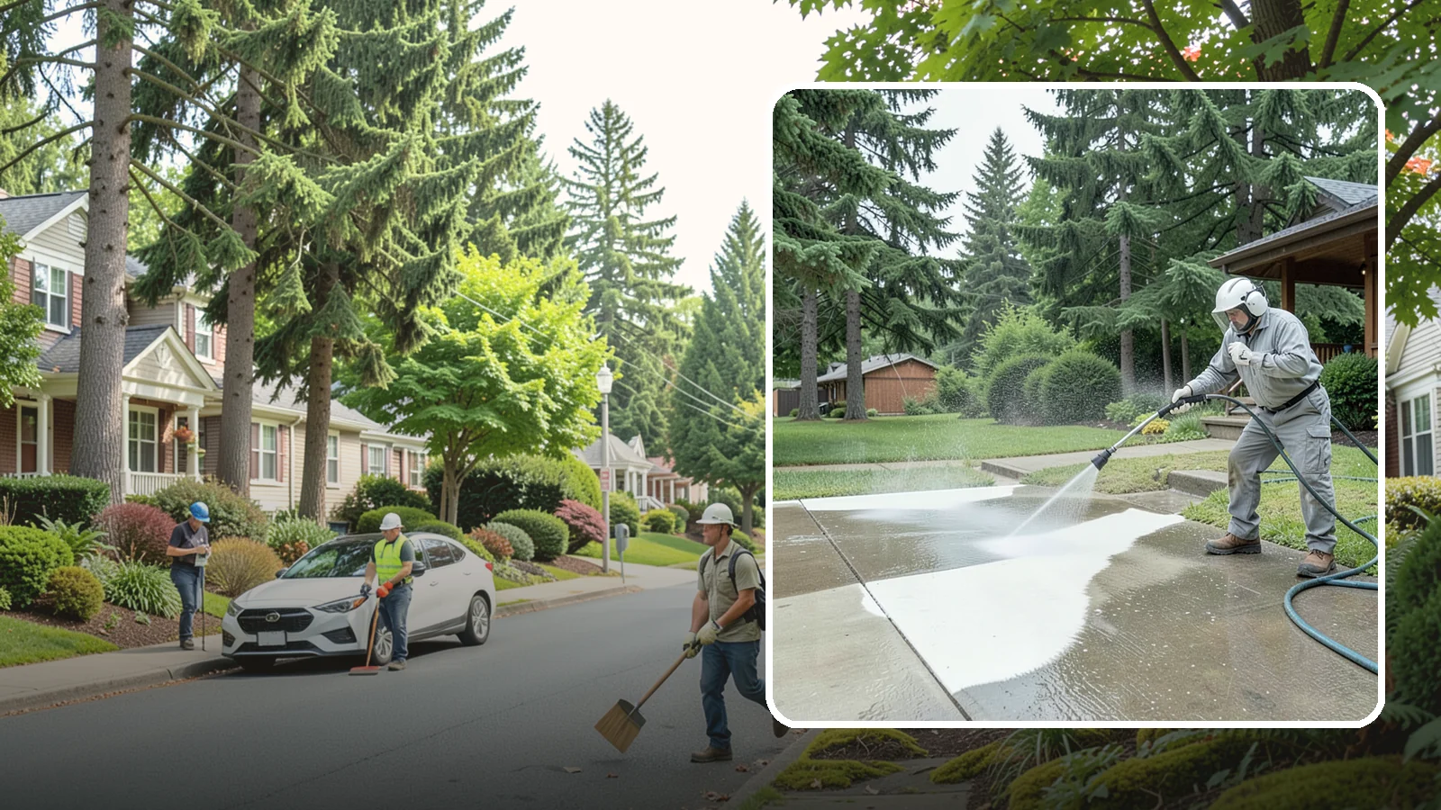 Concrete Surface Cleaning in Beaux Arts Village, King County, WA - General concrete surface cleaning that clears dirt, moss film, and organic staining from flatwork and walls.