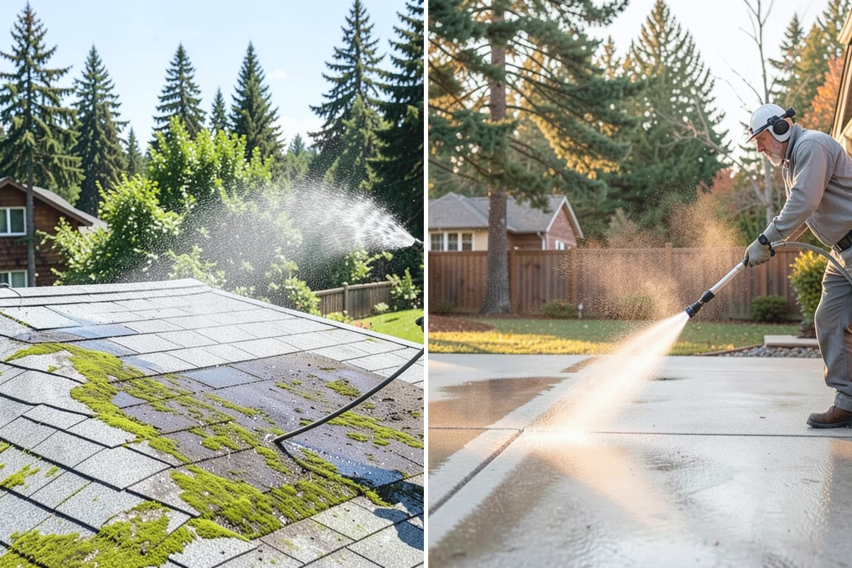 Concrete Surface Cleaning in Beaux Arts Village, King County, WA - Clear debris and pre-treat organic growth
