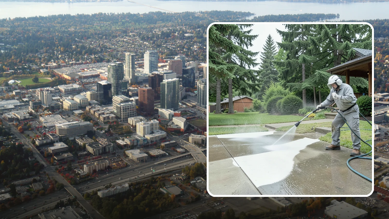 Concrete Surface Cleaning in Bellevue, King County, WA - General concrete surface cleaning that clears dirt, moss film, and organic staining from flatwork and walls.