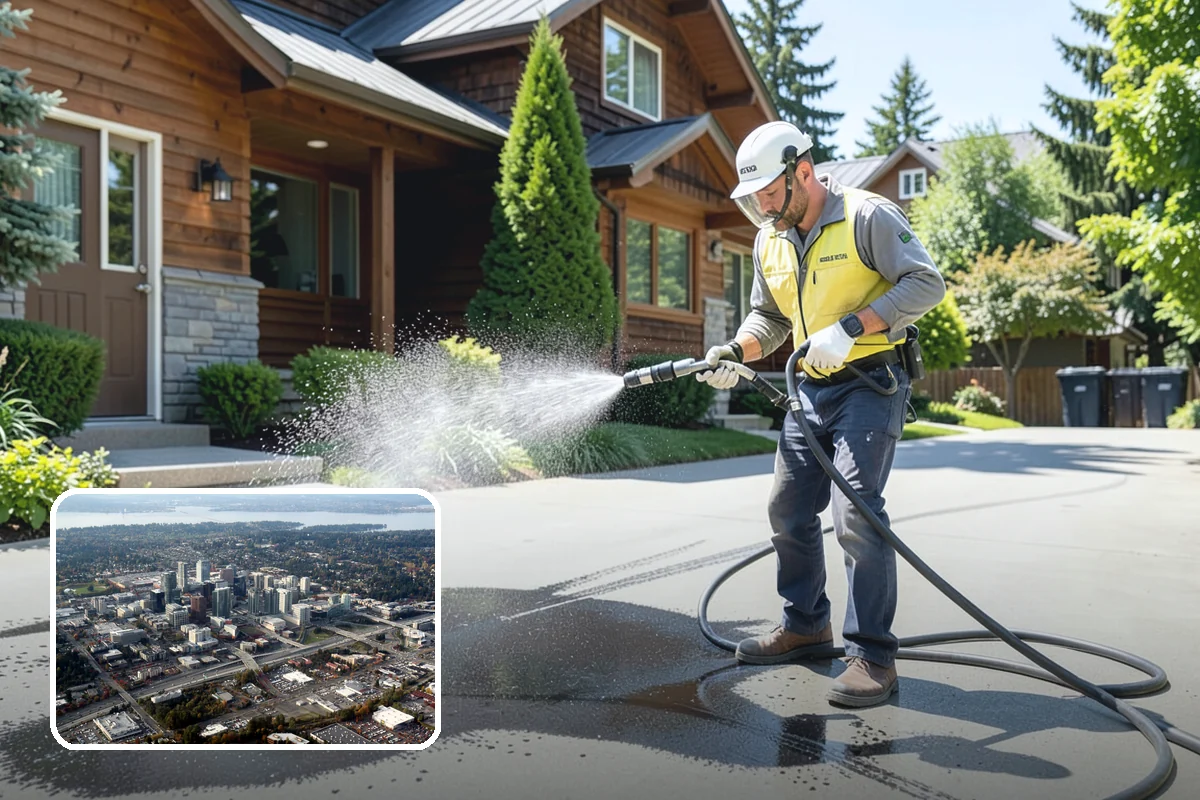 Concrete Surface Cleaning in Bellevue, King County, WA - Removes green film, dirt, and organic staining