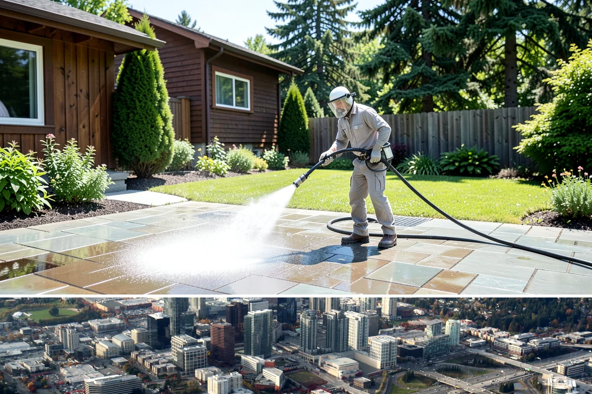 Concrete Surface Cleaning in Bellevue, King County, WA - Clean concrete surfaces in spring or summer once the weather dries out, clearing the film that builds through the wet season.