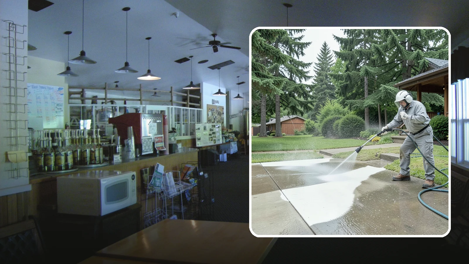 Concrete Surface Cleaning in Black Diamond, King County, WA - General concrete surface cleaning that clears dirt, moss film, and organic staining from flatwork and walls.