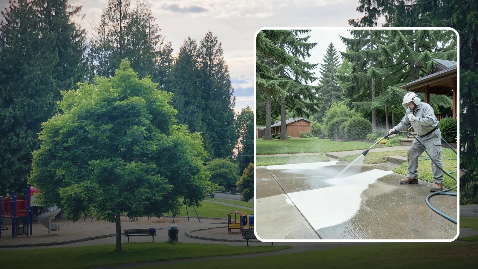 Concrete Surface Cleaning in Bonney Lake, Pierce County, WA - General concrete surface cleaning that clears dirt, moss film, and organic staining from flatwork and walls.