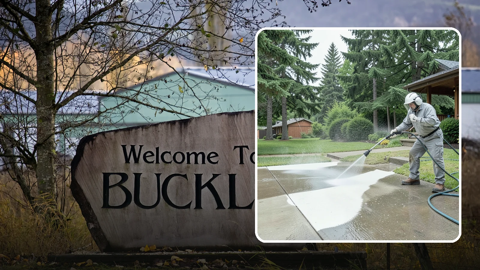 Concrete Surface Cleaning in Buckley, Pierce County, WA - General concrete surface cleaning that clears dirt, moss film, and organic staining from flatwork and walls.