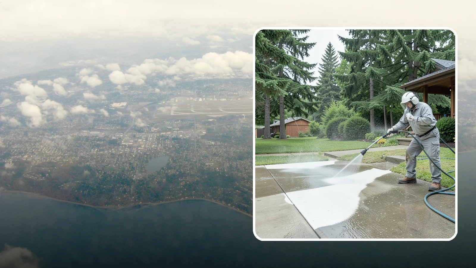 Concrete Surface Cleaning in Burien, King County, WA - General concrete surface cleaning that clears dirt, moss film, and organic staining from flatwork and walls.
