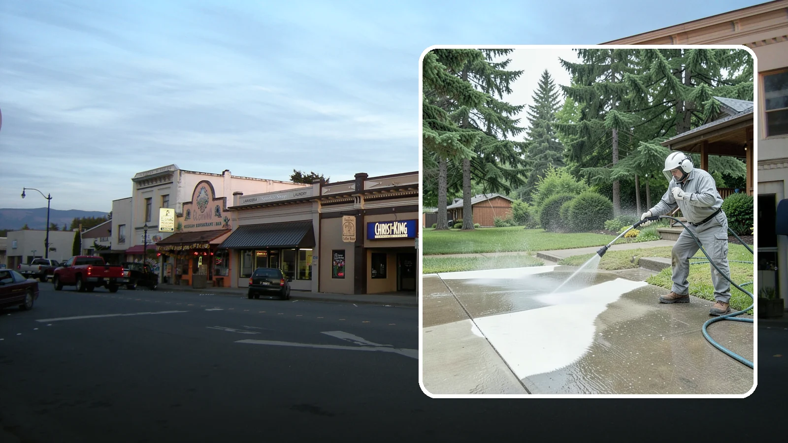 Concrete Surface Cleaning in Burlington, Skagit County, WA - General concrete surface cleaning that clears dirt, moss film, and organic staining from flatwork and walls.