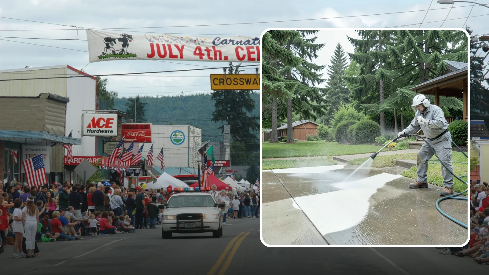Concrete Surface Cleaning in Carnation, King County, WA - General concrete surface cleaning that clears dirt, moss film, and organic staining from flatwork and walls.