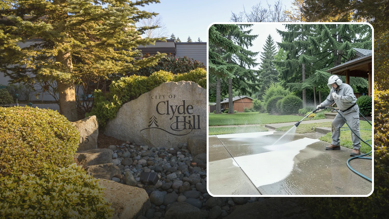 Concrete Surface Cleaning in Clyde Hill, King County, WA - General concrete surface cleaning that clears dirt, moss film, and organic staining from flatwork and walls.