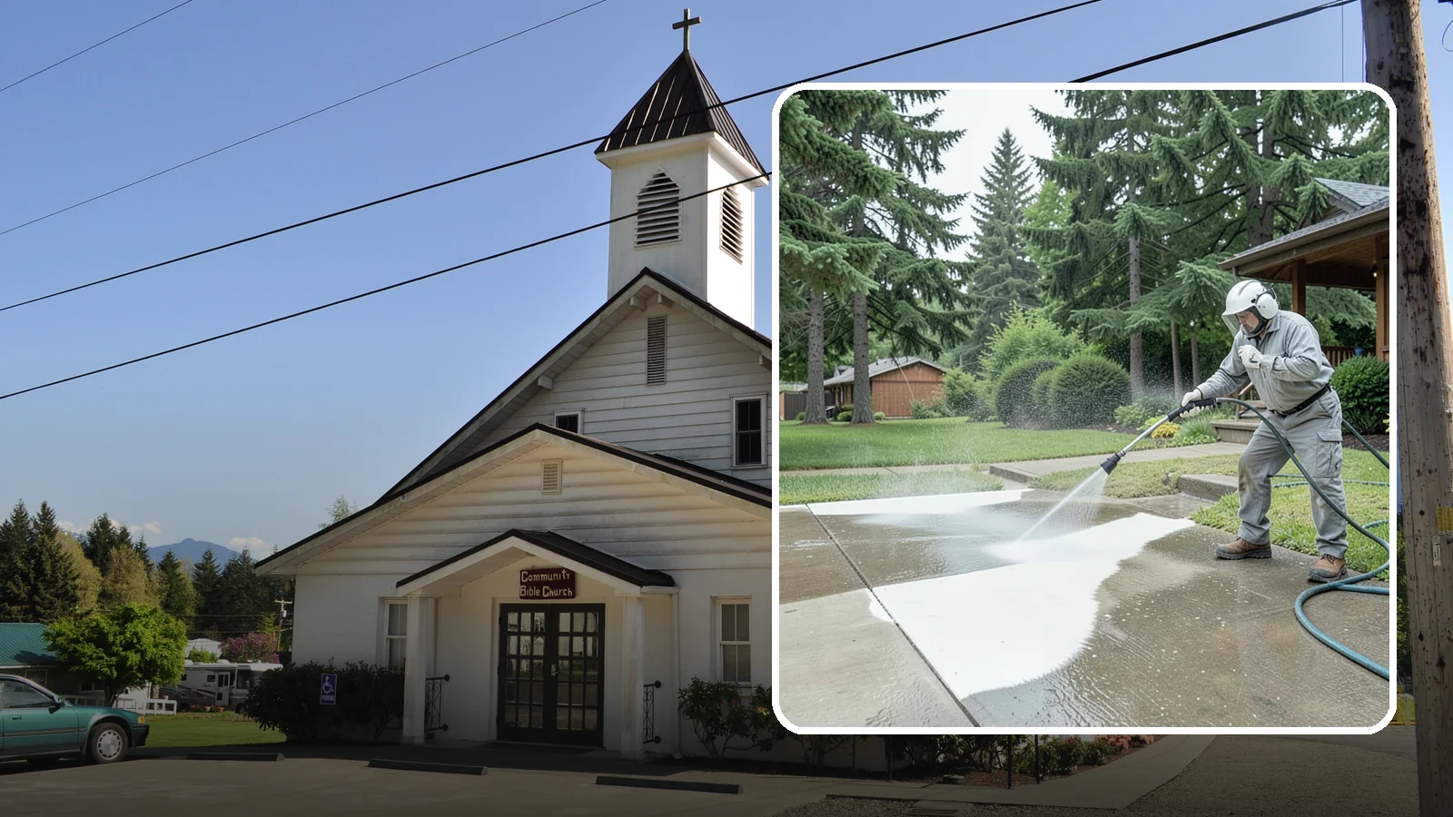 Concrete Surface Cleaning in Concrete, Skagit County, WA - General concrete surface cleaning that clears dirt, moss film, and organic staining from flatwork and walls.