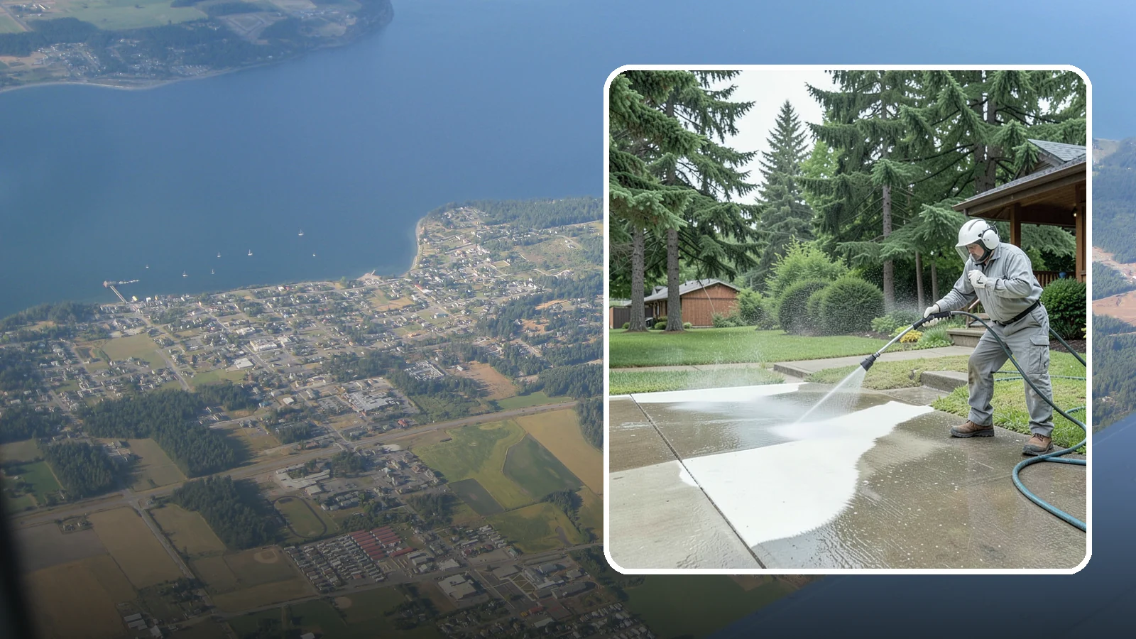 Concrete Surface Cleaning in Coupeville, Island County, WA - General concrete surface cleaning that clears dirt, moss film, and organic staining from flatwork and walls.