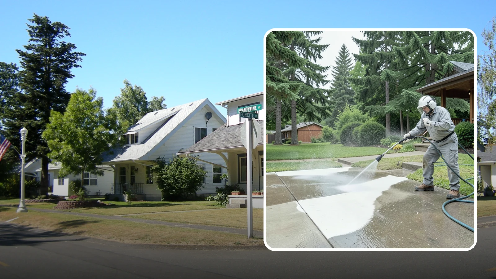 Concrete Surface Cleaning in DuPont, Pierce County, WA - General concrete surface cleaning that clears dirt, moss film, and organic staining from flatwork and walls.