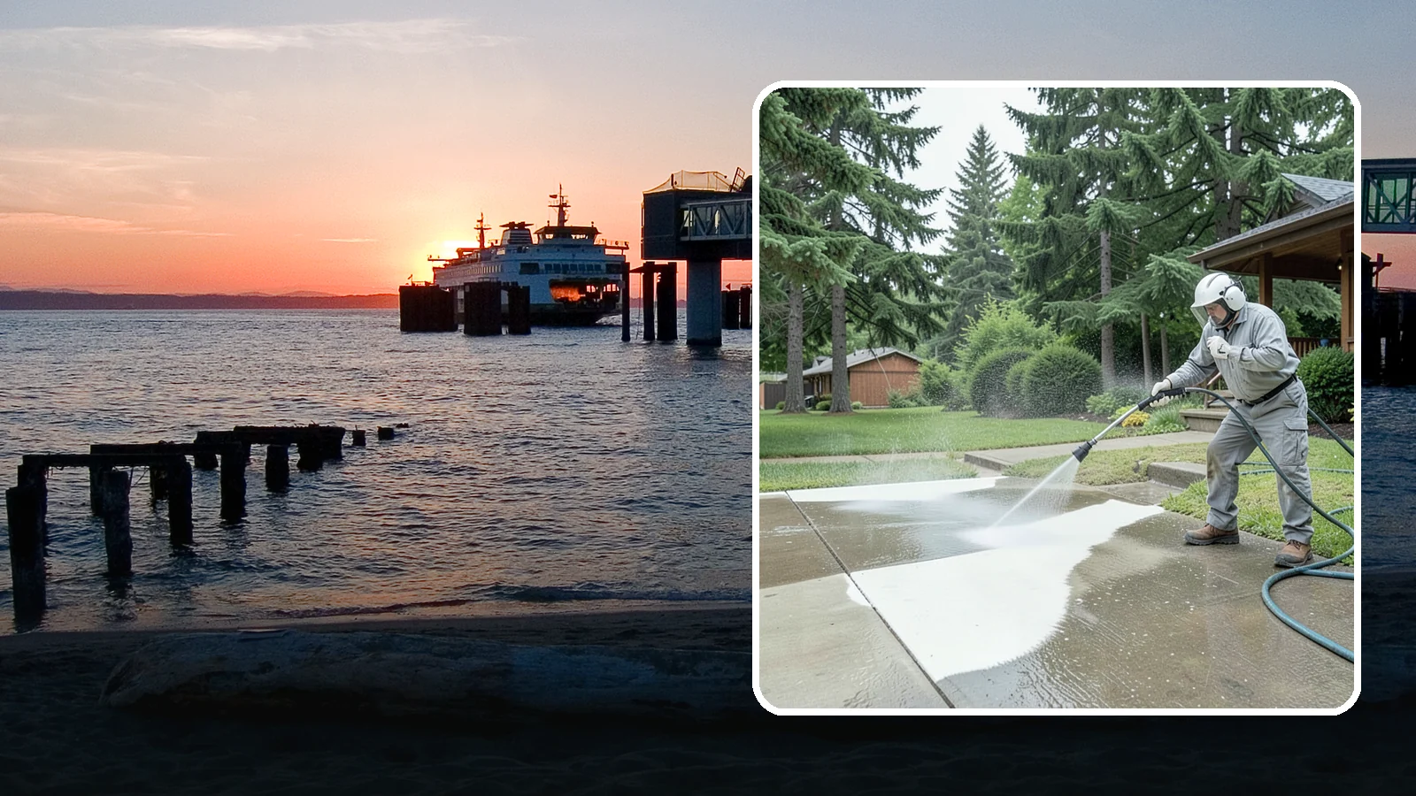 Concrete Surface Cleaning in Edmonds, Snohomish County, WA - General concrete surface cleaning that clears dirt, moss film, and organic staining from flatwork and walls.