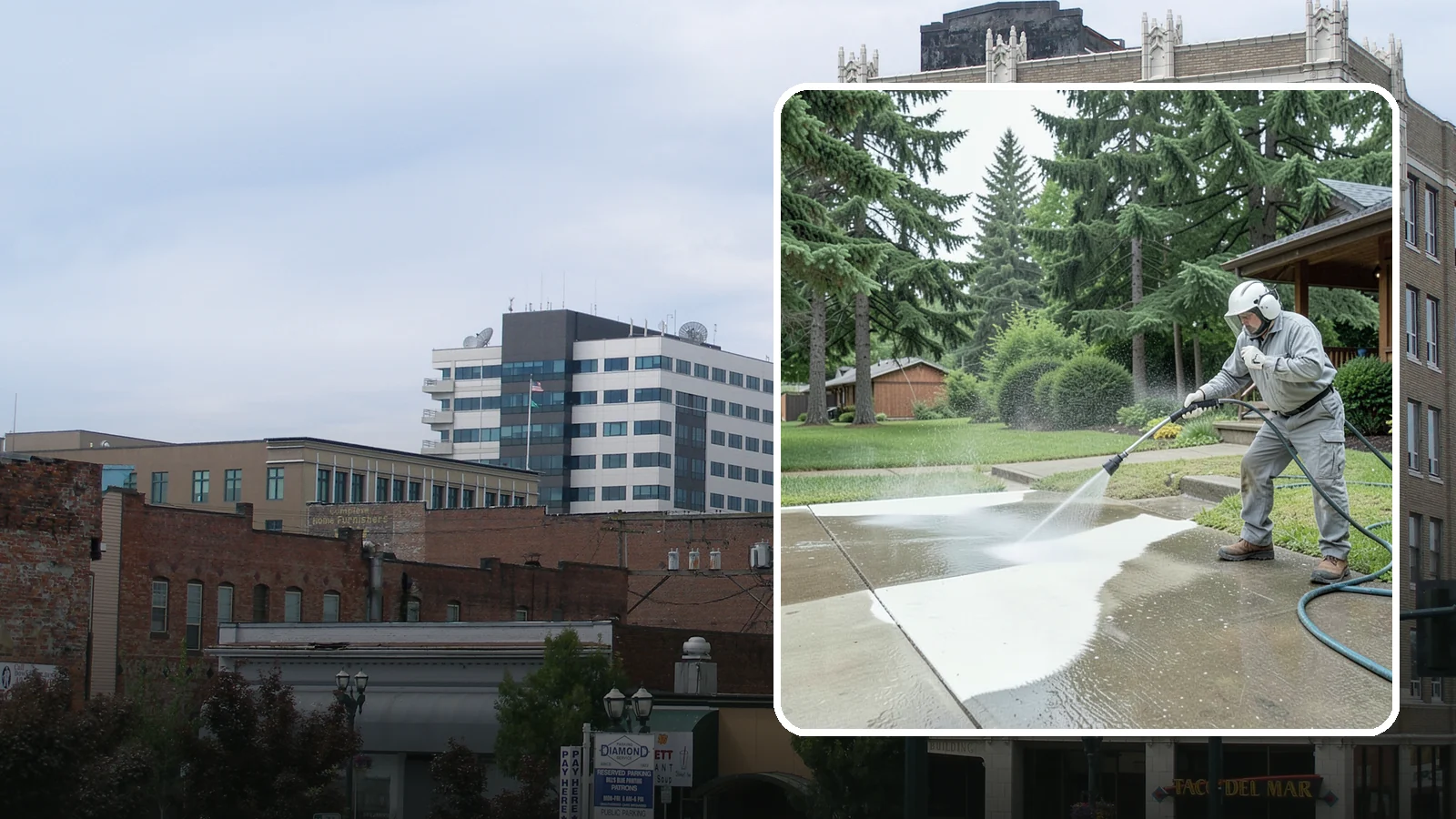 Concrete Surface Cleaning in Everett, Snohomish County, WA - General concrete surface cleaning that clears dirt, moss film, and organic staining from flatwork and walls.