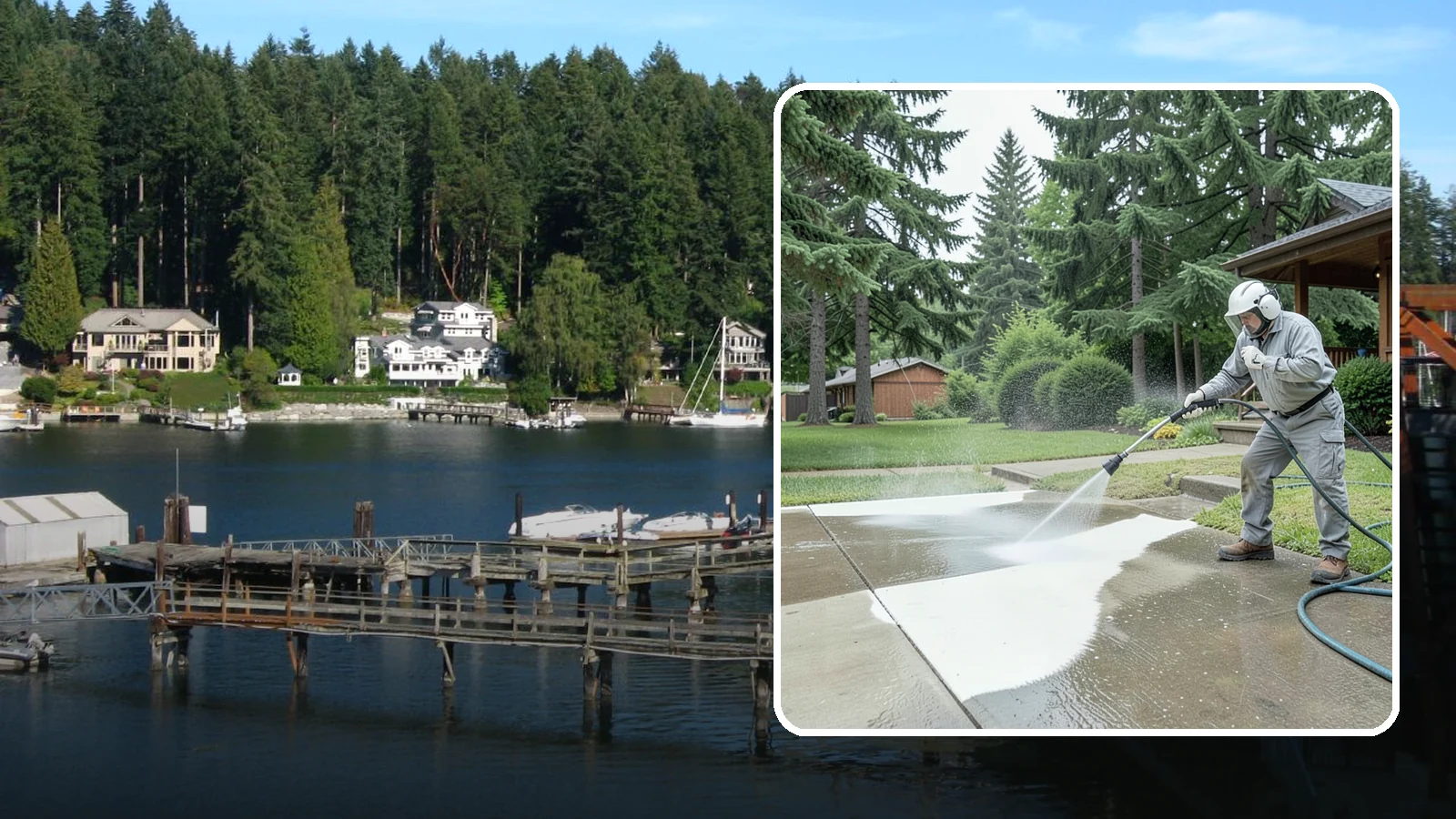 Concrete Surface Cleaning in Gig Harbor, Pierce County, WA - General concrete surface cleaning that clears dirt, moss film, and organic staining from flatwork and walls.