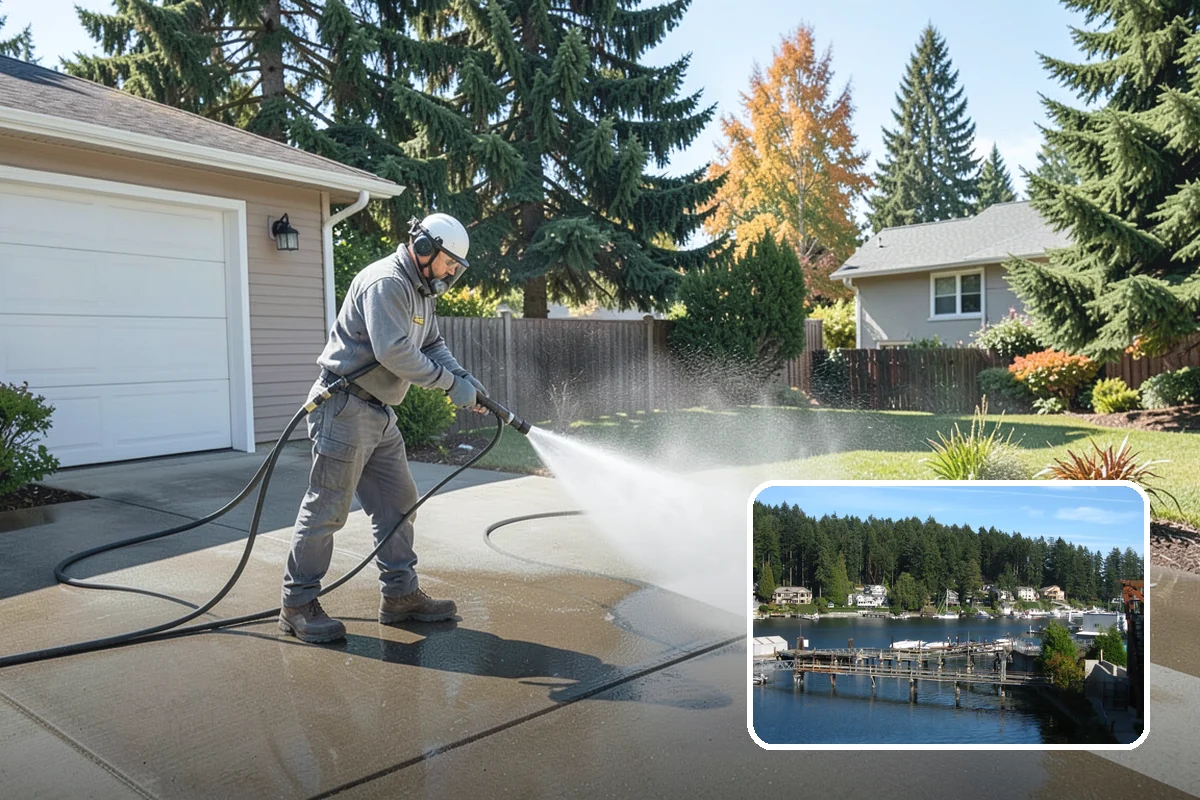 Concrete Surface Cleaning in Gig Harbor, Pierce County, WA - Removes green film, dirt, and organic staining