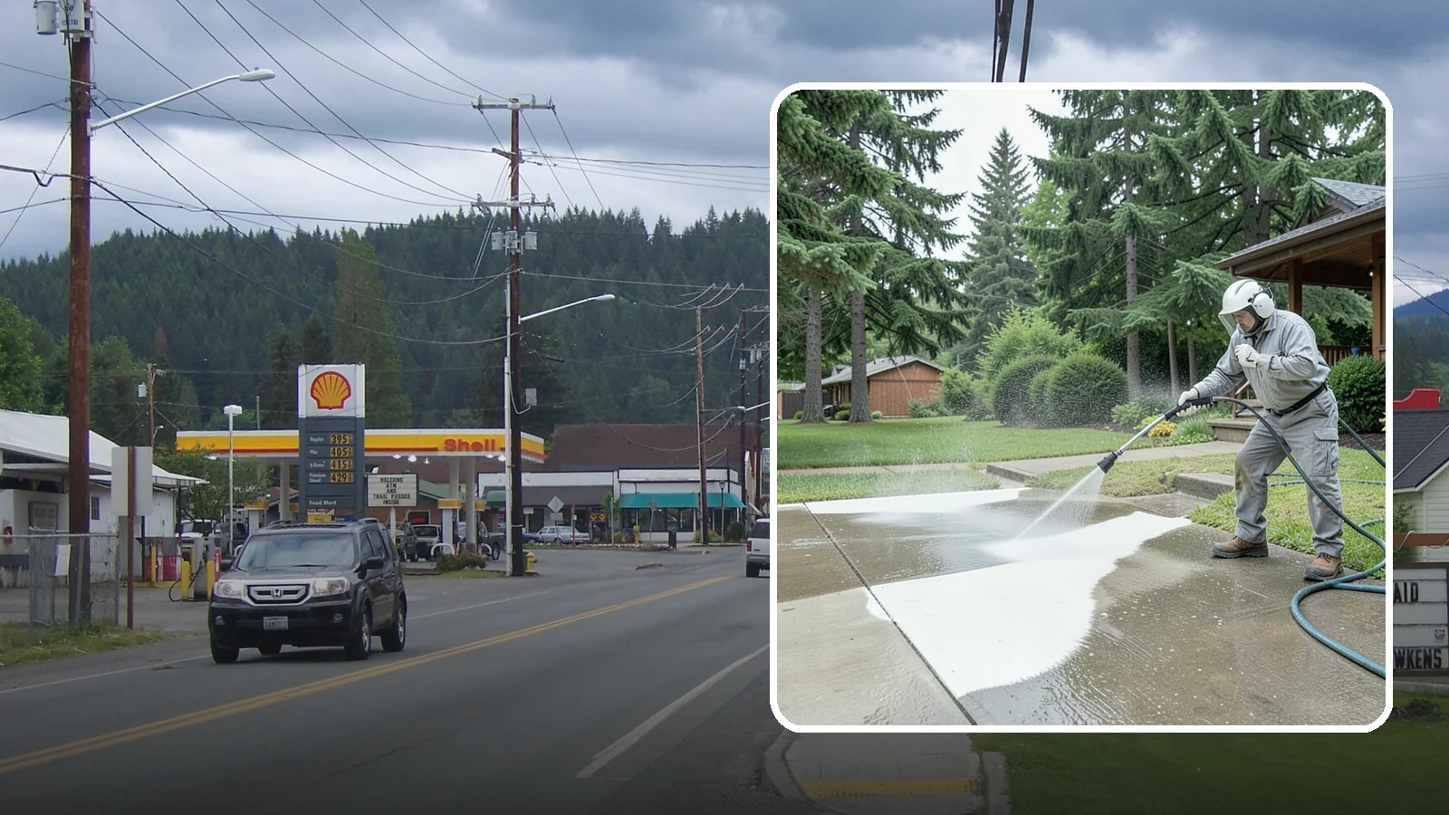 Concrete Surface Cleaning in Granite Falls, Snohomish County, WA - General concrete surface cleaning that clears dirt, moss film, and organic staining from flatwork and walls.