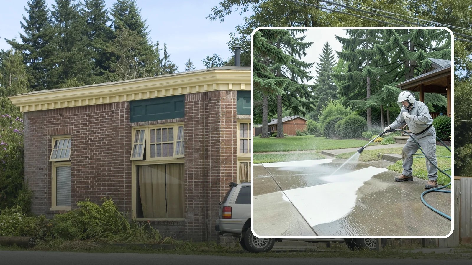 Concrete Surface Cleaning in Hamilton, Skagit County, WA - General concrete surface cleaning that clears dirt, moss film, and organic staining from flatwork and walls.