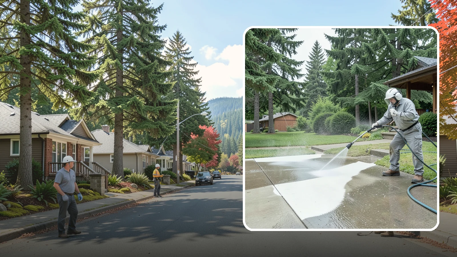 Concrete Surface Cleaning in Hunts Point, King County, WA - General concrete surface cleaning that clears dirt, moss film, and organic staining from flatwork and walls.
