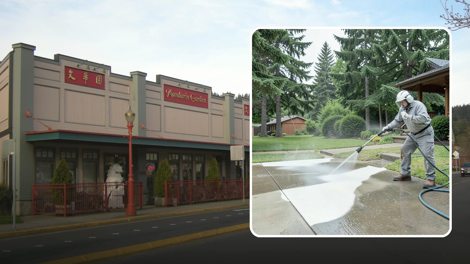 Concrete Surface Cleaning in Issaquah, King County, WA - General concrete surface cleaning that clears dirt, moss film, and organic staining from flatwork and walls.