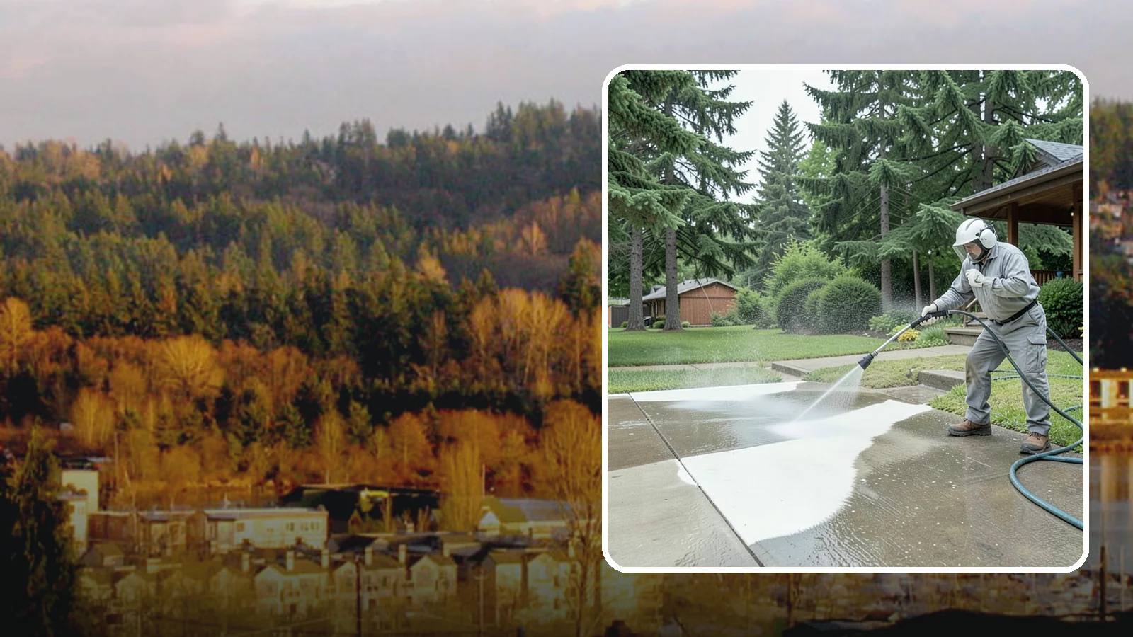 Concrete Surface Cleaning in Kenmore, King County, WA - General concrete surface cleaning that clears dirt, moss film, and organic staining from flatwork and walls.