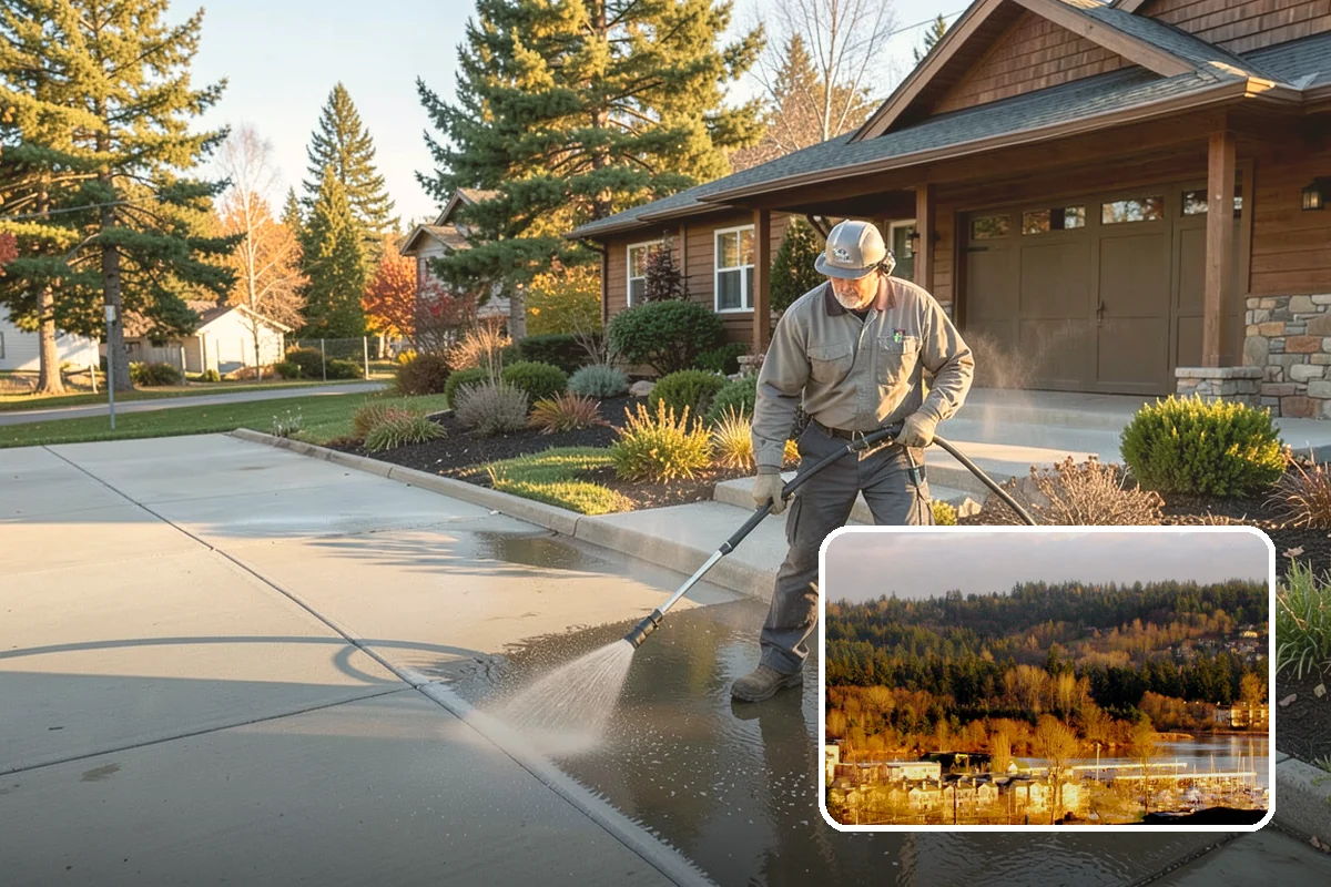 Concrete Surface Cleaning in Kenmore, King County, WA - Removes green film, dirt, and organic staining