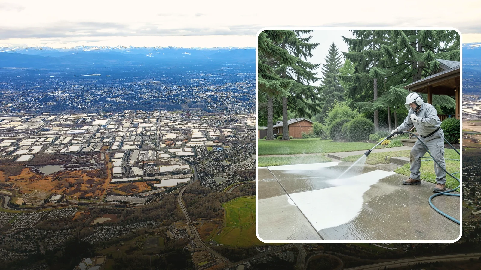 Concrete Surface Cleaning in Kent, King County, WA - General concrete surface cleaning that clears dirt, moss film, and organic staining from flatwork and walls.