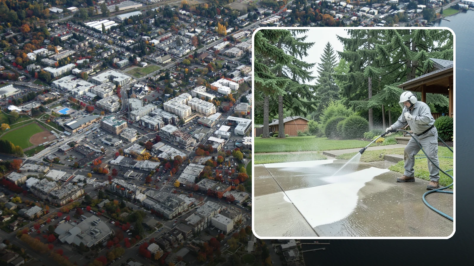 Concrete Surface Cleaning in Kirkland, King County, WA - General concrete surface cleaning that clears dirt, moss film, and organic staining from flatwork and walls.