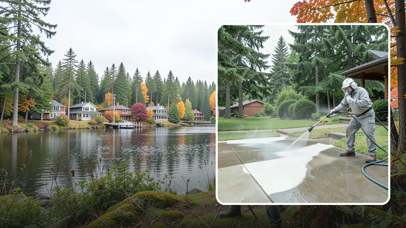 Concrete Surface Cleaning in La Conner, Skagit County, WA - General concrete surface cleaning that clears dirt, moss film, and organic staining from flatwork and walls.
