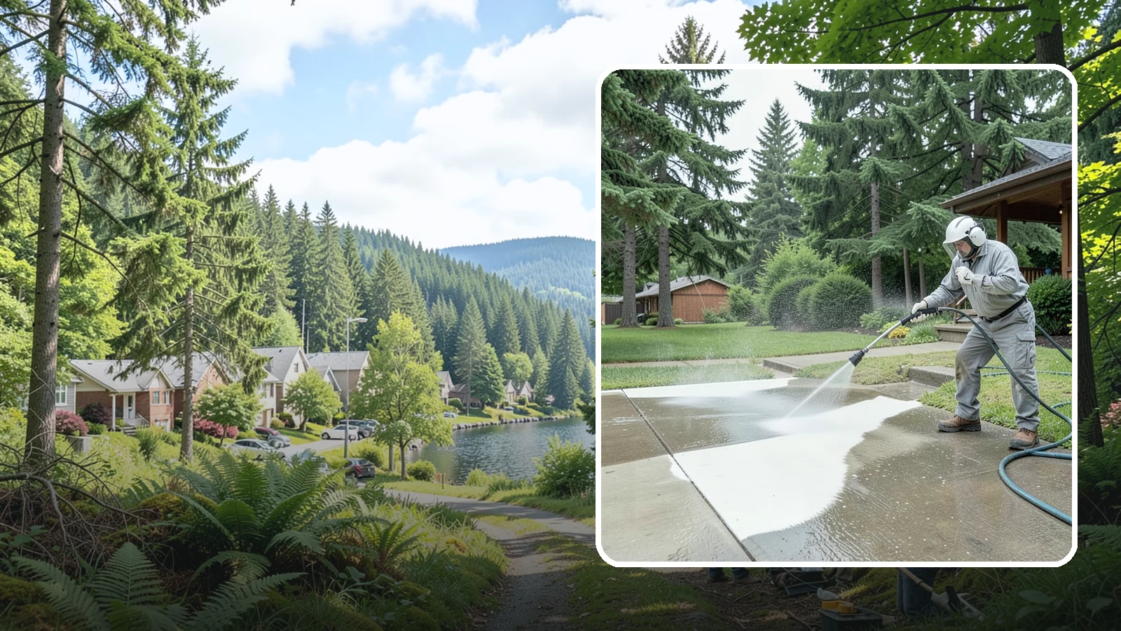 Concrete Surface Cleaning in Lake Forest Park, King County, WA - General concrete surface cleaning that clears dirt, moss film, and organic staining from flatwork and walls.
