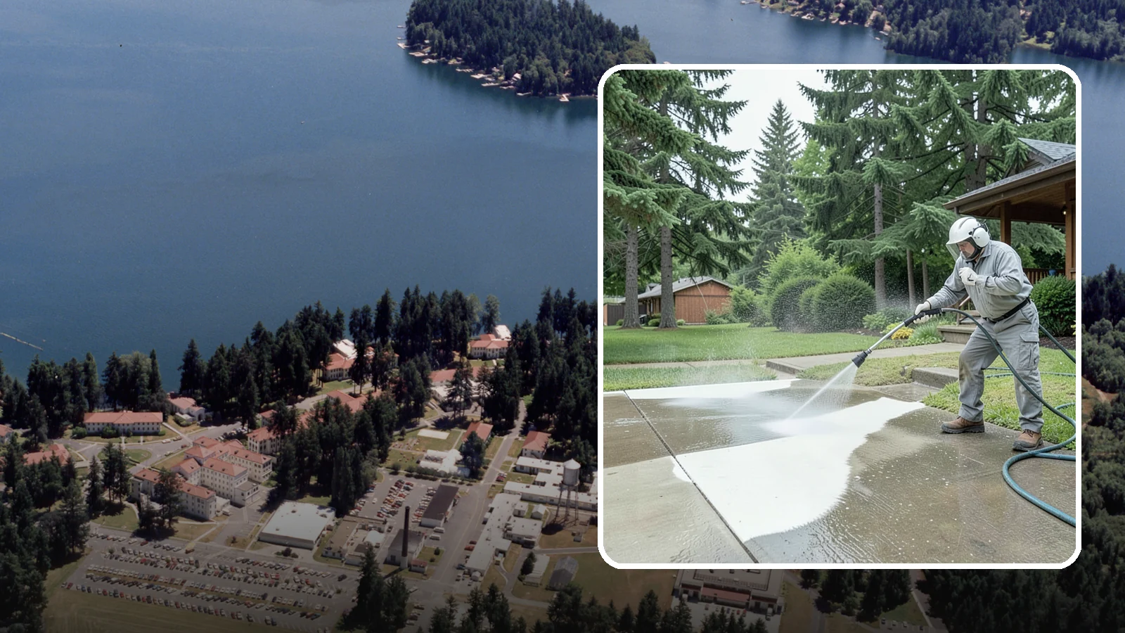 Concrete Surface Cleaning in Lakewood, Pierce County, WA - General concrete surface cleaning that clears dirt, moss film, and organic staining from flatwork and walls.