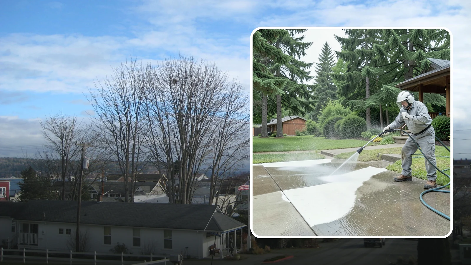 Concrete Surface Cleaning in Langley, Island County, WA - General concrete surface cleaning that clears dirt, moss film, and organic staining from flatwork and walls.