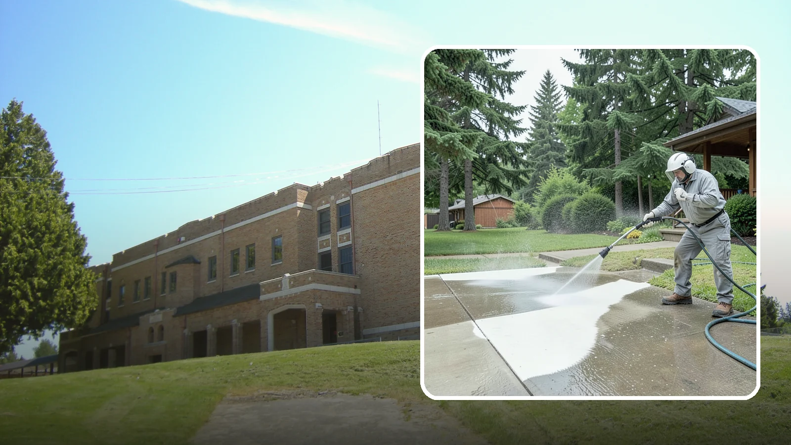 Concrete Surface Cleaning in Maple Valley, King County, WA - General concrete surface cleaning that clears dirt, moss film, and organic staining from flatwork and walls.